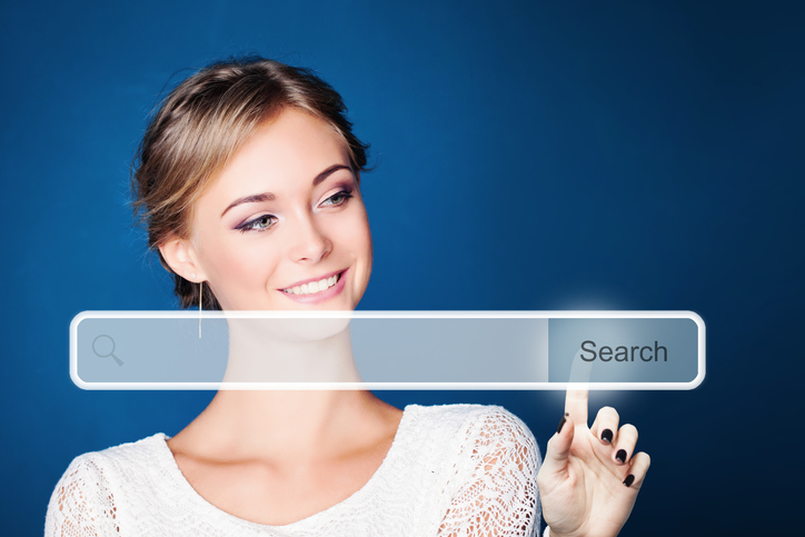 Pretty woman with empty address bar with search icon in virtual web browser on blue background